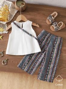 SHEIN Vintaside Kids Baby Girl Retro Fashion Casual Top And Pants Set - White - View 2