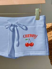 Comfortcana 樱桃印花抽绳腰修身短裤，蓝色 - 藍色 - 查看 4