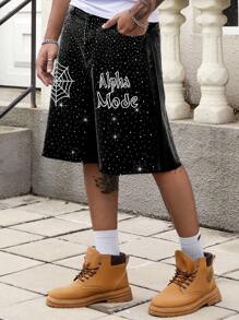 ROMWE MEN Street Life Men's Spider Rhinestone Graphic Pocket Wide Leg Loose Casual Denim Shorts