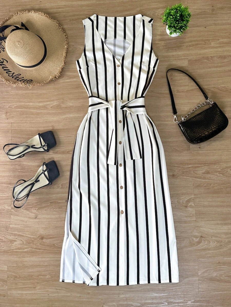 女式休闲条纹V领纽扣前开襟连衣裙，夏季 - 白色 - 查看 1