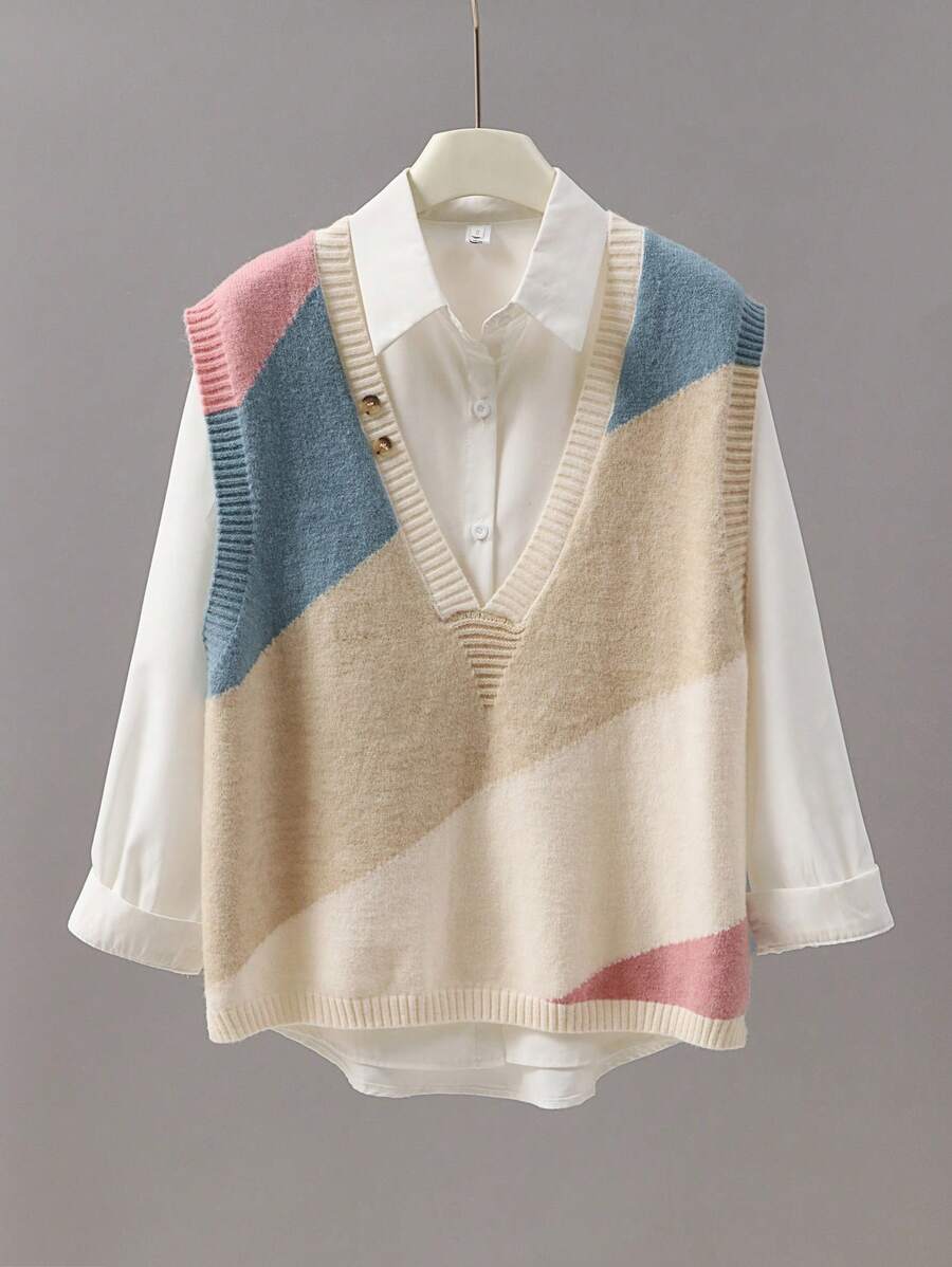 Franclia Asymmetrical Colorblock Casual Loose Women Pullover Sweater Vest, Spring And Autumn - Apricot - View 1