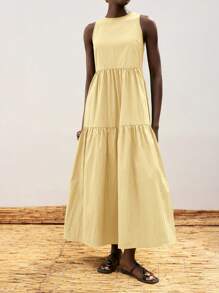 Maija 女式奶油黄色超喇叭裙横向褶皱设计，现代休闲度假舒适圆领全身横向开叉拼接两段褶皱长裙沙滩裙，波西米亚风超喇叭裙沙滩裙，女士优雅休闲连衣裙 - 黃色 - 查看 6