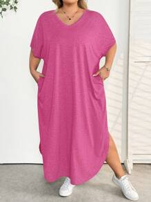 SHEIN CURVE+ Plus Size Women's Spring/Summer New Fashion Commuter Casual Pocket Design Split Robe, Summer Dresses - Hot Pink - View 8