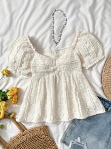 SHEIN Teen Girls Apricot Sweet Puff Sleeves Retro Texture Fabric T-Shirt, Short Sleeve T-Shirt, Casual T-Shirt Babydoll Top Puff Sleeve Blouse Smocked Top