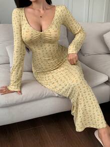 DAZY Long Ditsy Floral V-Neck Cinched Waist Nightgown,Back To School Pajama, Fall, Winter - Yellow - View 5