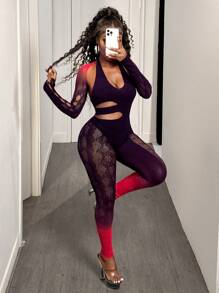 BamGleam Women Two-Piece Set Gradient Mesh Patchwork Sexy Long Sleeve Jumpsuit - Black - View 7