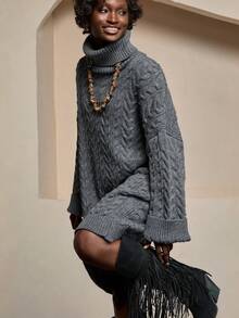 WOMEN CABLE KNIT OVERSIZED SWEATER – DARK GREY Sweater Dresses For Women Turtle Neck Dress Womens Fall Clothes Knit Dress Cable Knit Dress