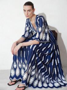 Aveloria Modichic Elegant French Resort Style Colorblock Embroidered A-Line Sleeve V-Neck Cinched Waist Flared Hem Women's Maxi Dress, Long Sleeve - Multicolor - View 1