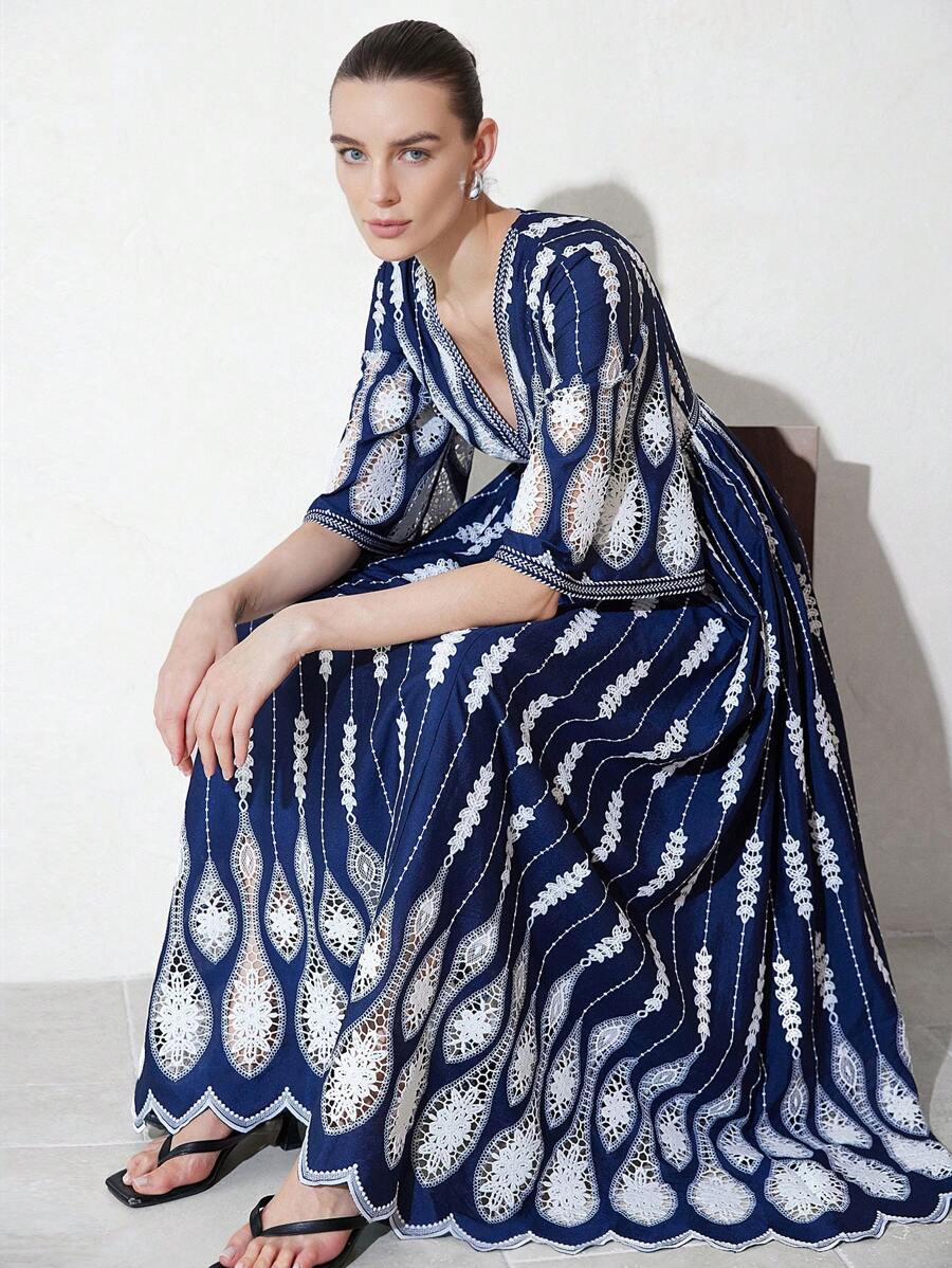 Aveloria Modichic Elegant French Resort Style Colorblock Embroidered A-Line Sleeve V-Neck Cinched Waist Flared Hem Women's Maxi Dress, Long Sleeve - Multicolor - View 1