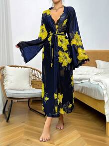 Bộ đồ ngủ hai dây in hoa và ren - Màu xanh hải quân - Xem 1