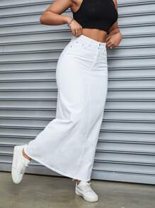 SHEIN Tall Solid Color Button Front Pocket Casual Denim Maxi Skirt - White - View 1