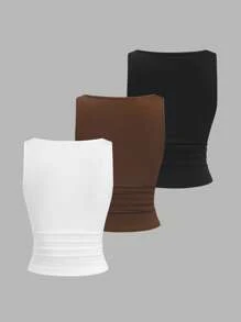 Sweetra 女士纯色褶皱 V 领黑色、白色、棕色吊带背心套装 - 彩色 - 查看 2