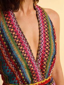 CAJUNI 女式波西米亚风格度假休闲沙滩V领无袖短款条纹连体裤，夏季 - 彩色 - 查看 7