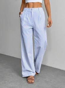 SHEIN PETITE Pantaloni dritti a gamba dritta con motivo a strisce H, di moda per l'estate, adatti alle donne
