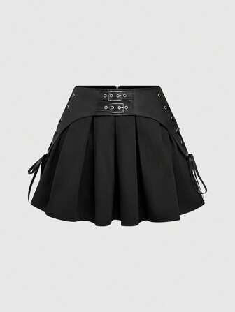 Goth Minifalda plisada con cordonera a la cintura, en parchwork vintage de estilo gótico oscuro para mujer