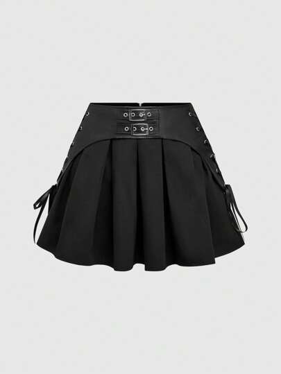 Goth Jupe asymétrique à bas-taille, style patchwork  avec rivets. Tenue Y2K pour noël et fête. Jupe courte bordeaux mini pour femmes