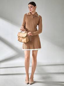 EURMUSE Brown Two Piece Set Women Top With Fold-Over Collar And Button Design + A-Line Silhouette Sweater With Intricate Cable Knitting Pattern,Winter Clothes - Camel - View 7