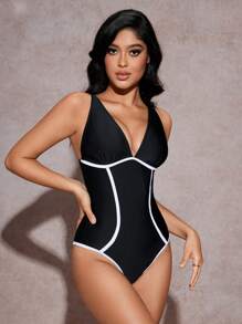 SHEIN Swim 女式收腹露背吊带连体泳衣，带抽绳，黑白条纹，优雅休闲，适合春夏季度假、海滩、派对 - 黑與白 - 查看 5