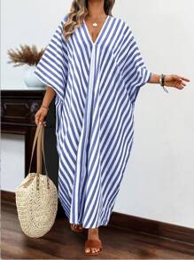 EMERY ROSE Plus Size Loose Striped Linen Long Sleeve Dress, Spring Summer Long Dress, New Beach Bikini Cover Up, Plus Size Long Cover Up For Beach/Pool - Royal Blue - View 4