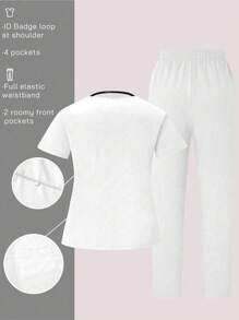 TaskEZ Women's Plus Size Solid Color V-Neck Short Sleeve Pocket Top And Pants Uniform Set