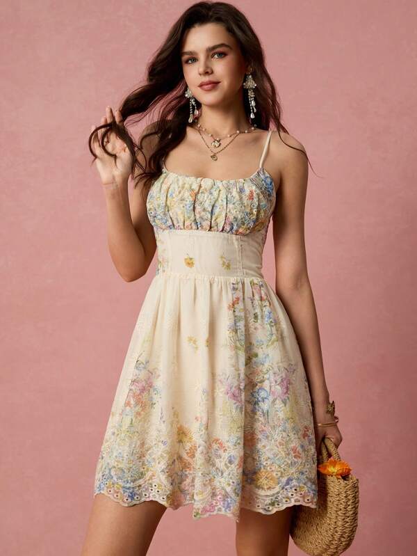 Enchnt Spring/Summer Romantic Women's Apricot Floral Embroidery&Print Ruched Chest Spaghetti Strap Princess Mini Dress,Sweet&Elegant For Vacation&Date&Holiday&Party&Graduation&Wedding Guest&Beach&Boho Chic,Prom Dress,Summer Dresses For Women,Sun Dresses For Women,Summer Clothes,Vestidos Elegantes De Mujer,Vestidos Elegantes Para Fiesta,Boho Clothes Women