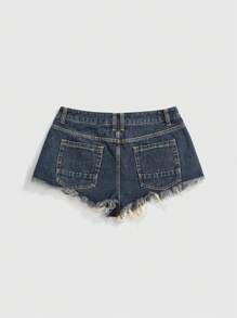 ROMWE Grunge Punk Quần short denim cạp thấp cắt xẻ bất đối xứng dành cho nữ khi đi dự tiệc - Màu xanh lam - Xem 2