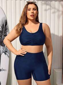 Swim Lushoire Plus Size Women Holiday Solid Color Ruffle Zipper Front Tankini Top For Summer Beach Vacation - Navy Blue - View 4