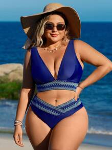 Swim Lushoire Plus Size Women's Summer Solid Fabric Deep V-Neck Patchwork Top With Tape Accent Decor Vacation 2 Pieces Swimsuit - Multicolor - View 5