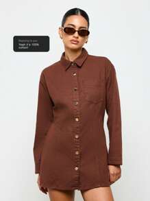 AiiRZ Fitted Button Down Long Sleeve Denim Shirt Dress Mini Length Western Style Fall Winter Fashion Casual Day Wear - Coffee Brown - View 1