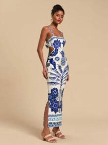 SHEIN TRVLCHIC 热带印花吊带连衣裙，简约时尚休闲日常穿着，女士夏季服装，热带度假女装，夏季，女士度假服装，女士连衣裙 - 藍色 - 查看 4