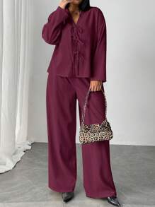 Firerie Plus Size Elegant Business Casual Two Pieces Set: Loose Tie-Front Blouse & High-Waist Relaxed Fit Pants, Suitable For Commute, Work, Afternoon Tea, Dates, Concerts, Parties, Vacation,Business Casual Woman