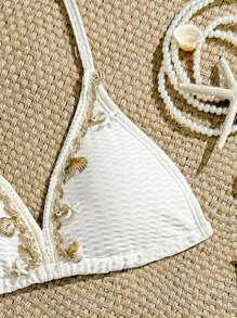 SHEIN Tween Girls' Swimsuit Set, Apricot Minimalist Striped Flower Pattern, Beach Vacation Party, Spring/Summer Young Girls Sets Bathing Suit Set Beach Girl Clothes Sets Girls For Summer Summer Holiday - Apricot - View 3