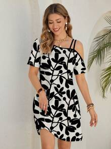Glamance MB Studio Women's Elegant Black And White Silhouette Print Off Shoulder Mini Dress Office Women Outfits Going Out Outfits Work Clothes - Black - View 4