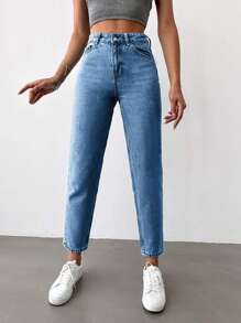 EURMUSE Cao eo Quần jean Mom Fit - Rửa nhẹ - Xem 4