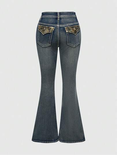 Goth Y2K Retro Punk Tree Branch Camouflage Patchwork Rhinestones Flare Jeans