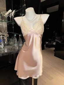 SilkySpell 女士性感蕾丝拼布深V背仿丝睡袍 - 香檳色 - 查看 6