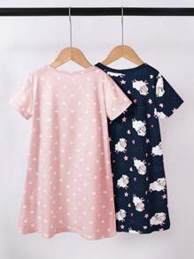 Genkimix Kids Back To School Fashion2pcs/Set Girls Cute Cartoon Sheep Print Nightgown, Minimalist Fashion Pink & Gray, Short Sleeve Long Nightdress Home Wear Clothes For Girls 11 Night Dress For Kids - Multicolor - View 2