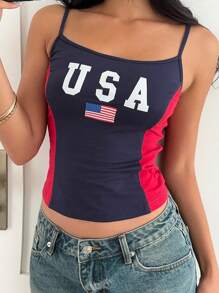 SHEIN EZwear 黑色和红色缝线女式字母和美国国旗图案吊带背心 - 彩色 - 查看 6