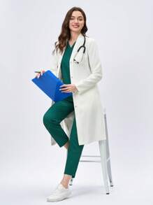 Scrubzie 女式加长抗皱侧袋实验室大衣/罩衫 - 白色 - 查看 6