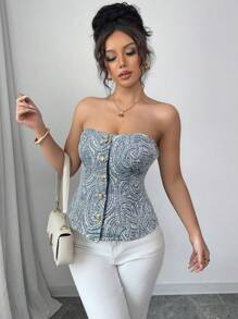 Firerie Women's Elegant Navy Blue And White Floral Jacquard Button Camisole Top,Vintage Blouse For Summer,Date,Commute,,Music Festival, - Blue - View 5