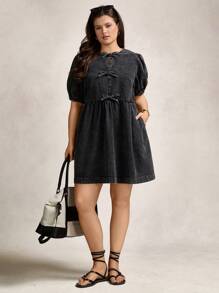 Zelara 大码领口蝴蝶结口袋洗水连衣裙