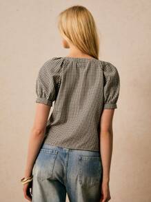 Poéselle 女士格子短袖衬衫，夏季时尚 - 黑與白 - 查看 2