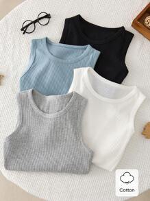 4 piezas Camiseta sin mangas de cuello redondo casual para niños, fabricada con tejido de algodón rastreable suave en blanco, negro, azul claro y gris claro, corte holgado adecuado para el verano, camisetas básicas - Multicolor - Ver 4