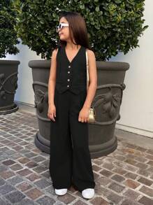 Firerie Kids Firerie Kids Bộ đồ thể thao thường ngày cho bé gái tuổi teen: Áo không tay và quần dài ống đứng màu trơn, chất liệu vải dệt. - màu đen - Xem 5