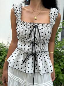 Comfortcana Women's Summer Polka Dot Contrast Color Ruffle Trim Camisole - Black and White - View 5