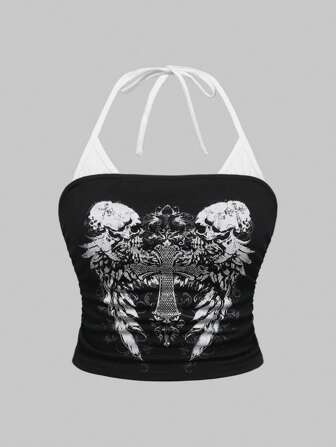 Grunge Punk Débardeur sexy en contraste pour femmes de grande taille avec squelette, polyvalent