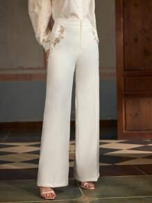 ZEYLAH ELEGANT EMBROIDERED WIDE LEG WHITE CASUAL/BUSINESS WEAR PANTS - White - View 5