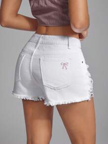 SHEIN ICON 女式中腰蝴蝶刺绣做旧流苏下摆牛仔短裤