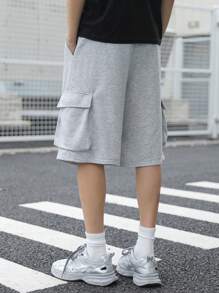 SHEIN 青少年男童休闲舒适百搭侧袋宽松工装短裤 - 灰色 - 查看 2