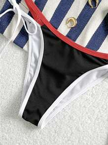 Swim Mod Women's Summer Beach Vacation Contrast Binding Halter Bikini Set - Black - View 3